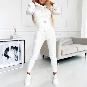 Casual Solid Color Hooded Slim Long-sleeved Top And Wide-sleeved Pants Suit Women 2025 Spring Top Lace-up Pants Suit For Women 1