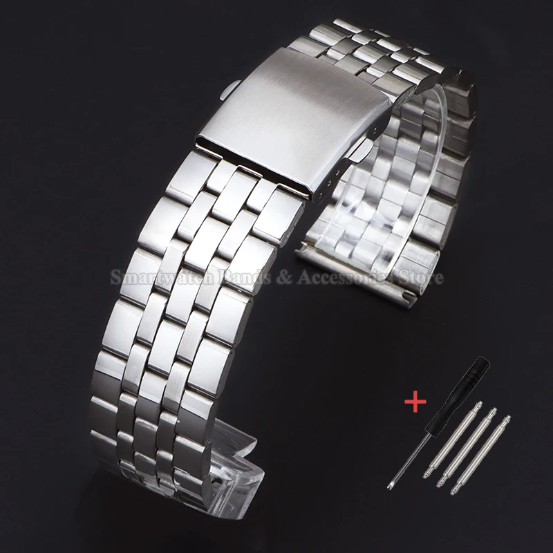 Universal Stainless Steel Watch Strap with Metal Folding Buckle - Silver Finish
