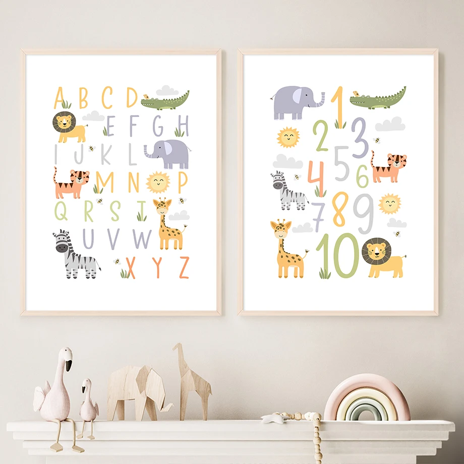 

Number Math Alphabet ABC Letter Lion Zebra Giraffe Cute Animals Nursery Art Canvas Posters Prints Wall Pictures Kids Room Decor