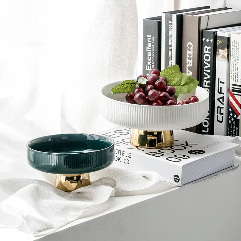 Ceramic Plate Tall Feet Fruit Plate White Round Salad Bowl Dessert Cake Pan Snack Tray Decorative Plates Tableware Display Stand