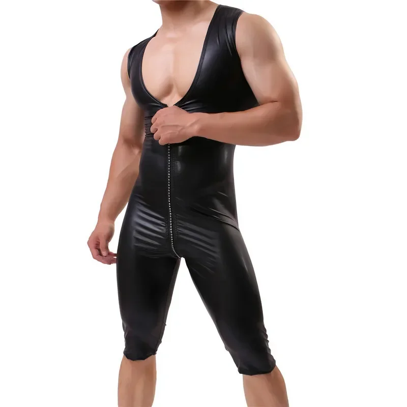 Sexy Men's Undershirts Sleeveless PU Leather Bodysuits Zipper Open Crotch Leotard Jumpsuits Underwear Gay Male Wrestling Singlet