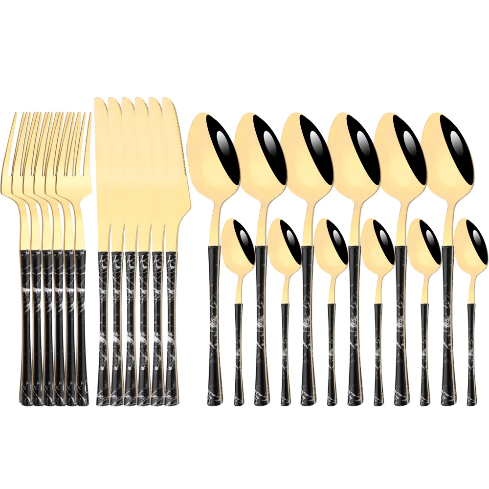 

Набор столовых приборов Drmfiy с деревянной ручкой, комплект из 24 предметов черного и золотого цвета, из нержавеющей стали, нож, вилка, ложки