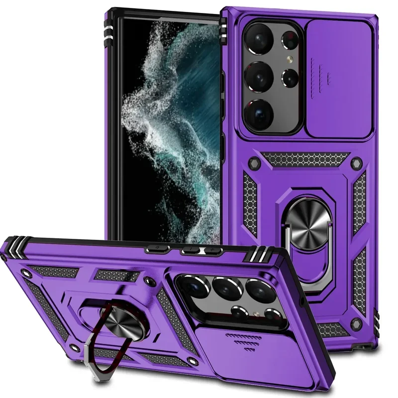 Shockproof Hybrid Dual Layer Magnetic Ring Stand Case with Slide Camera Protection Cover