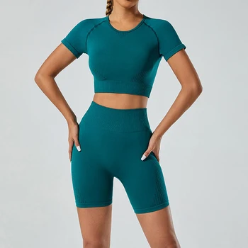Mallas de gimnasio y pantalones cortos conjunto de yoga sin costuras ropa deportiva trajes de fitness para mujer chándales 5001 1
