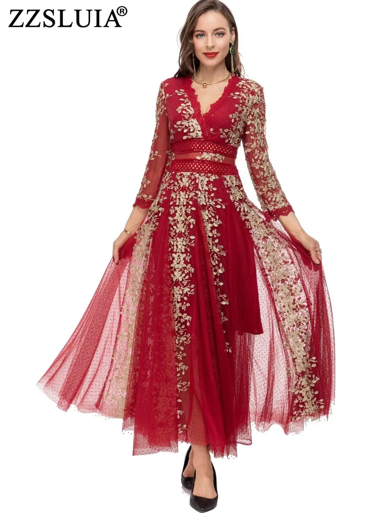 

ZZSLUIA Prom Dresses For Women Heavy Embroidery Designer Slim Long Dress Fashion Long Sleeve Hollow Out Elegant Mesh Dresses