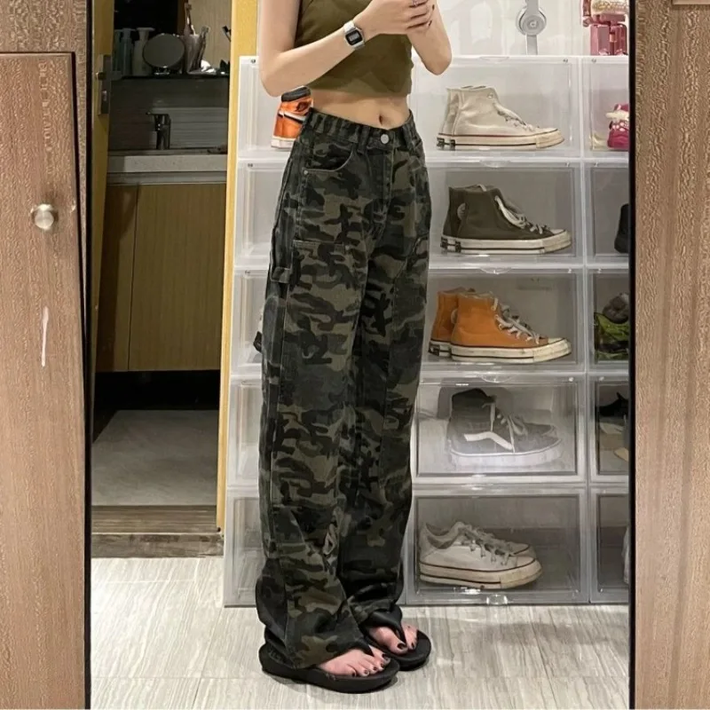 American Vintage Camouflage Cargo Pants Women New Streetwear Loose Straight Wide Leg Trousers Woman