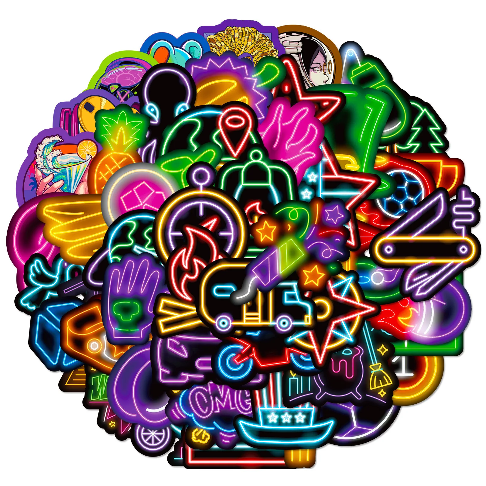 

50pcs Neon Creative DIY Graffiti Personalized Decorative Luggage Skateboard Guitar Colorful Waterproof Sticker