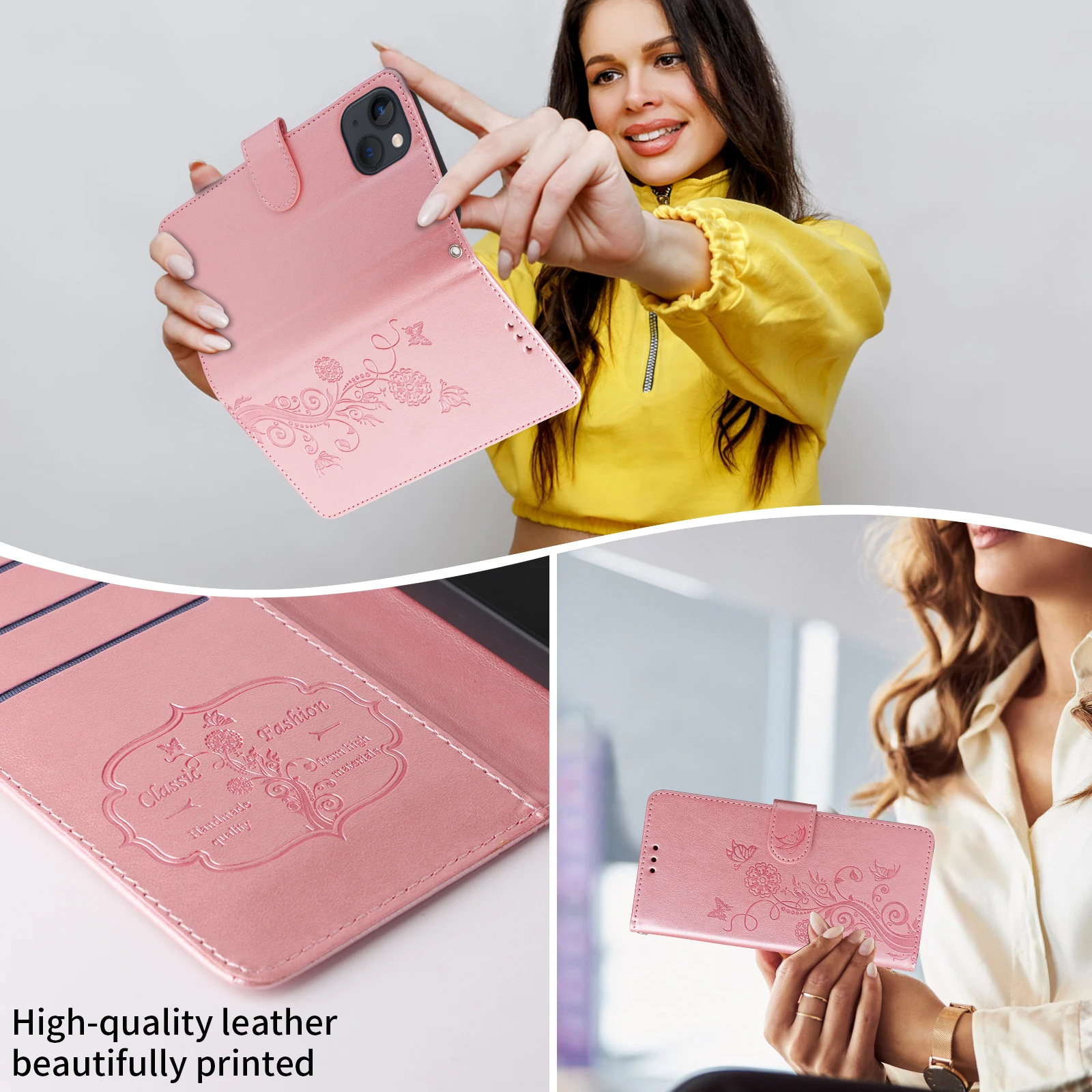 Elegant Leather Flip Cover Wallet Phone Case with Fringed Iris Card Slot