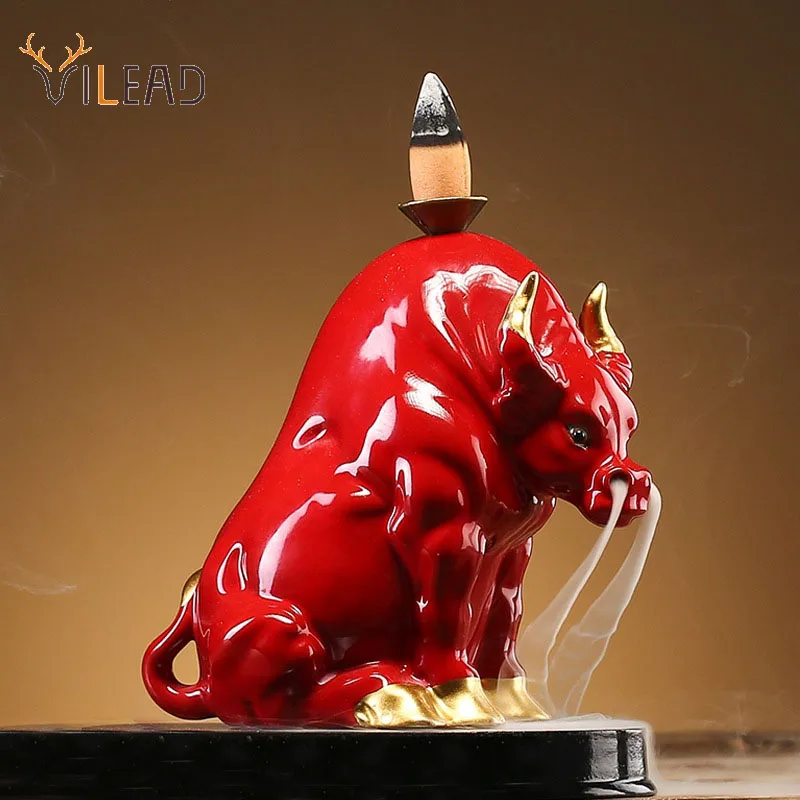 

VILEAD Ceramic Bull Statue Animal Backflow Incense Burner Figurine Geometric Cattle Sculpture Home Office Desktop Decoration