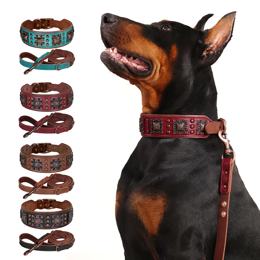 Genuine Leather Wide Dog Collar Leash Set Durable Padded Dog Collars Luxury Metal Rivet Pet Necklace With Rope for Dogs Pitbull Genuine Leather Wide Dog Collar Leash Set Durable Padded Dog Collars Luxury Metal Rivet Pet Necklace With Rope for Dogs Pitbull