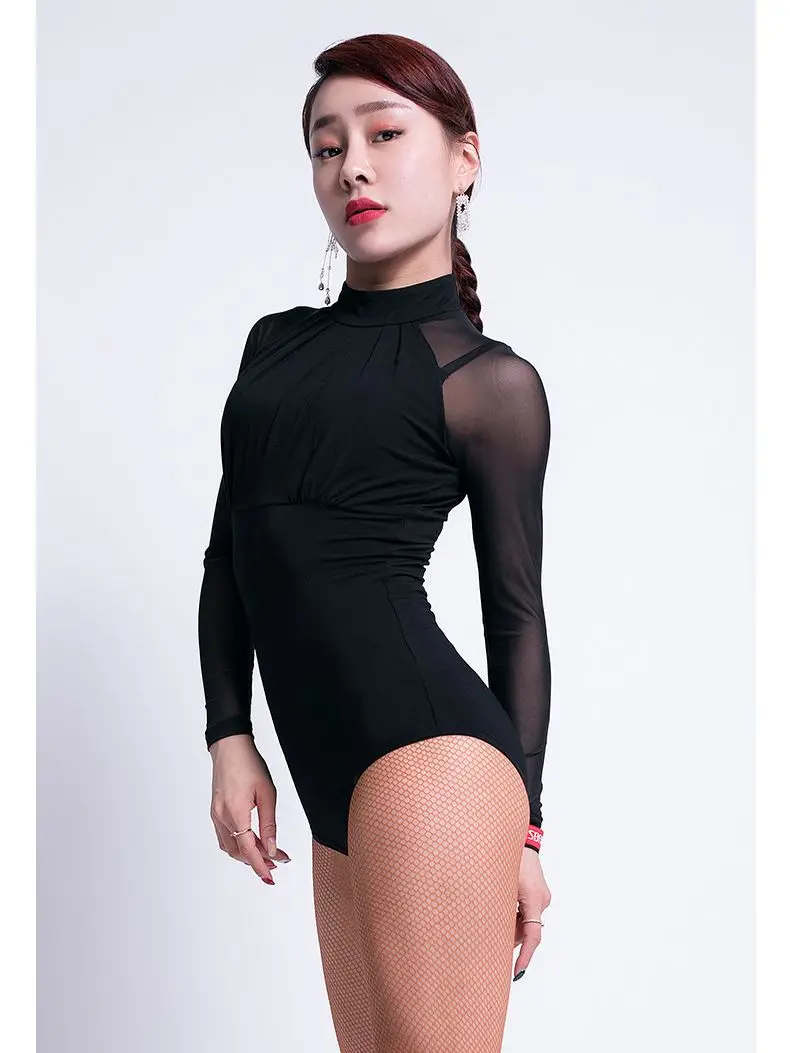

Mesh Long-sleeved Latin Dance Top Black Slim Leotard for Women Latin Dance Practice One-piece Bodysuit Performance Suit L22374