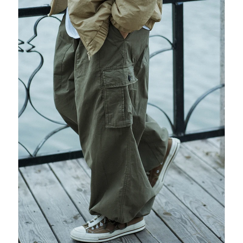Multi-Pocket Cargo Pants Men's Casual Solid Colour Straight Pants Baggy Wide-leg Cropped Men Ankle-length