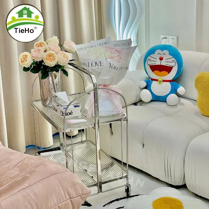 

Medieval Small Cart Living Room Folding Mobile Rack Kitchen Transparent Storage Cabinet Minimalist Glass Rack Home Furniture