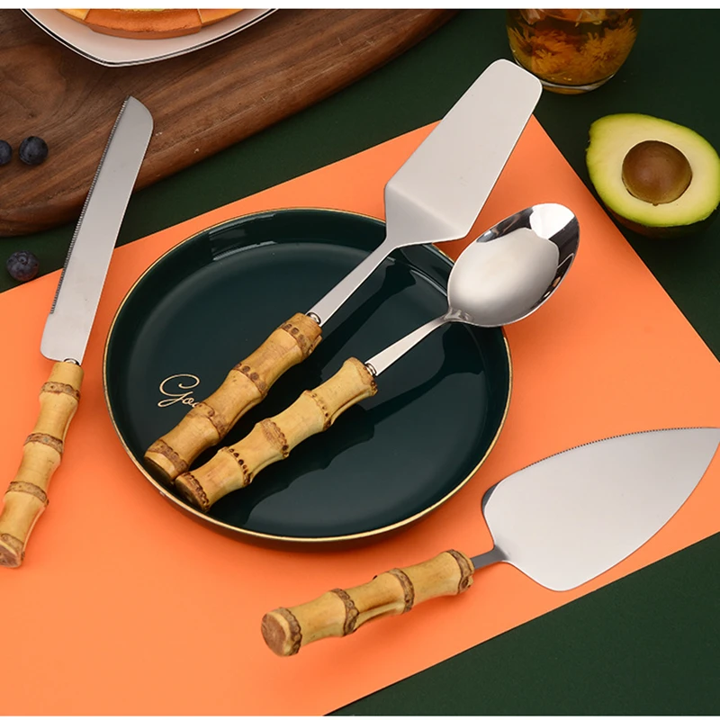 Nature Bamboo Pizza Cake Shovel Triangular Spatula Set with Cheese Slicer Cutter Knife