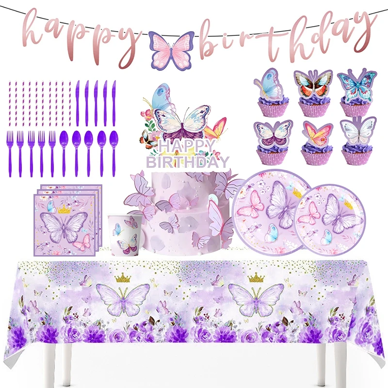 Purple Butterfly Theme Disposable Tableware Set Butterfly Plate Cup Napkin Banner Girls Baby Shower Birthday Party Supplies