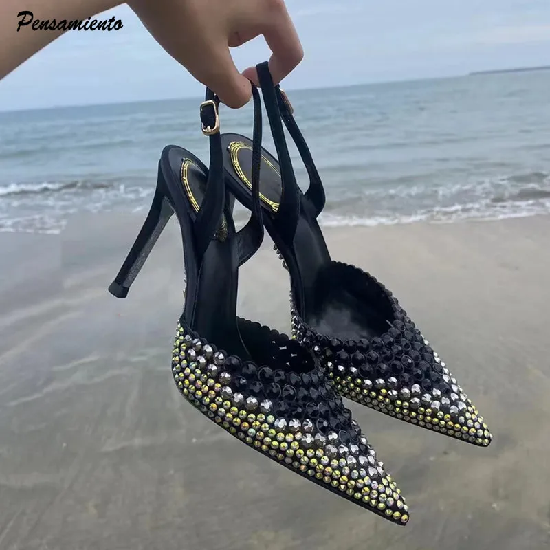 Luxury Rhinestones Gradient Slingbacks Women Pumps Fashion Bling Crystal Banquet Stiletto High Heels Fashion Party Prom Shoes