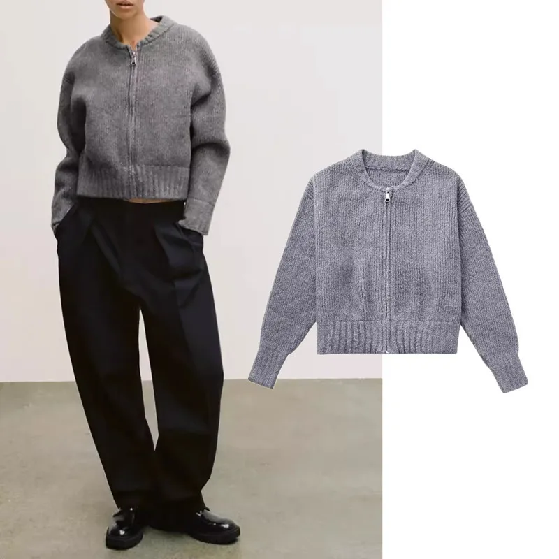 

Fashion Solid Zipper Round Collar Sweater for Women High Street 2023 Autumn Winter New Casual Knitwear Long Sleeve Female Tops