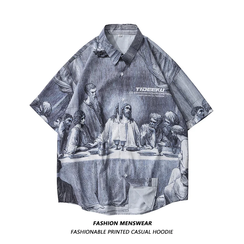 

Oversized Shirts Mens Summer Painting Printing New Personality Joker Couples Casual Male Female Silk Vintage Clothing Button Up