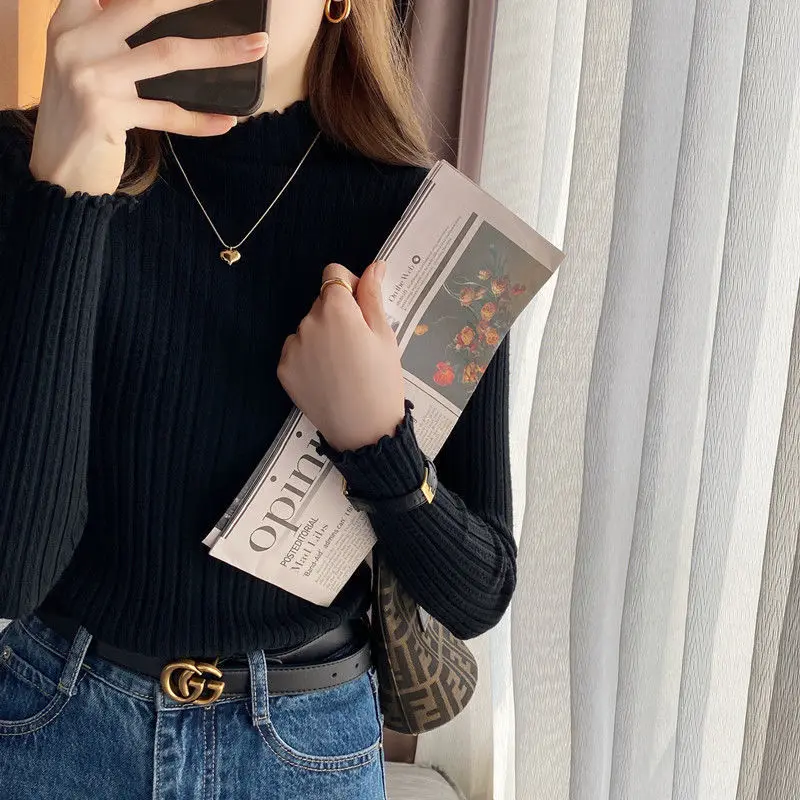2023 Autumn Winter Women\'s Turtleneck Sweaters White Knitted Pullovers Y2k Sweater Long Sleeve Slim Jumper Tops Soft Pull Femme