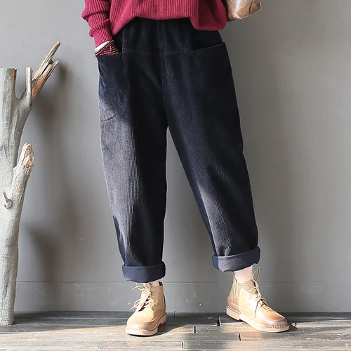 women's fashion Vintage Women Trouser 2022 Spring New Corduroy Pants Pockets Elastic Waist Warm Loose Vintage Pants RV714 pants Pants & Capris