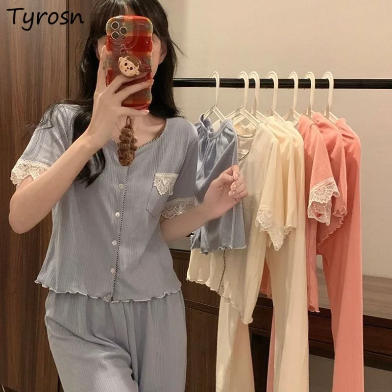 

Pajama Sets Women Patchwork Design Simple Sweet Fashion Soft Lounge Wear Leisure Loose Square Collar Korean Style Summer Elegant
