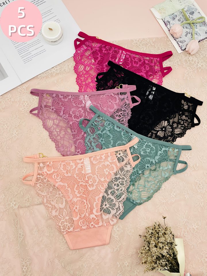 5 pieces of mixed-color gold button sexy young strap lace patchwork cotton women's triangle underwear, light luxury underwear