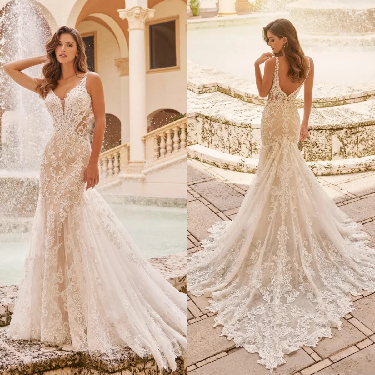 

Glamorous Ivory Mermaid Wedding Dresses Luxury Lace Appliques Beach Bridal Gowns Sexy Floor Length Ruched Robes de Mariee