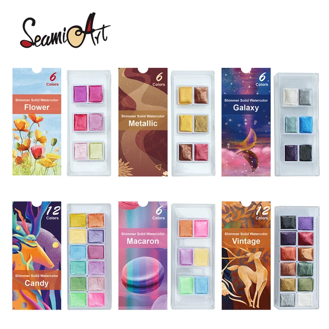 Seamiart 6/12 Set di colori ad acquerello Glitter metallici per artisti Cancelleria scolastica Strumento per graffiti Forniture artistiche a pigmenti solidi 1