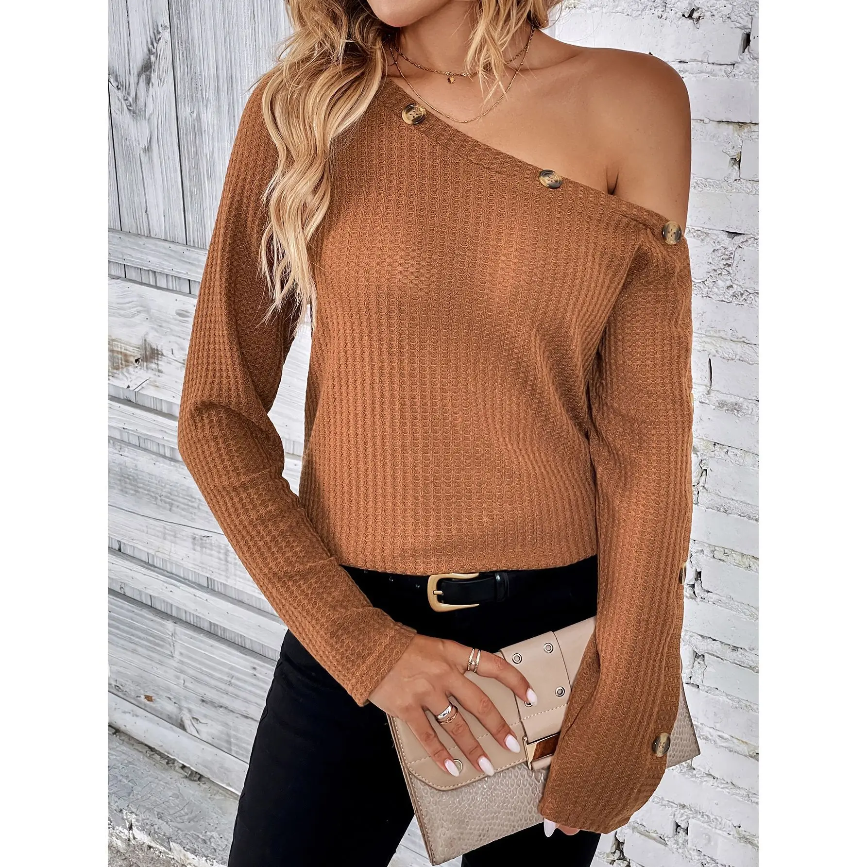 

Fashion Small Shirt Women 2023 Autumn Long Sleeve Knit Slim Strapless Tops Long Sleeve Slant Shoulder Casual Khaki Knit Shirt