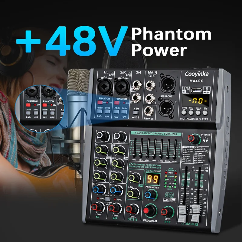4채널 믹싱 콘솔 48V 99 DSP 이펙트 블루투스 로메호 오디오 DJ 믹서 USB PC 재생 녹음 팟캐스트 사운드 테이블