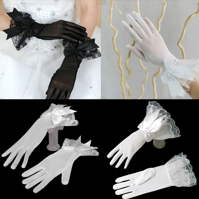 

Women Bride Short Gloves Sexy Transparent Ultra-Thin Bowknot Lace Mittens Female Elegant Party Full Finger Gloves Cosplay Props