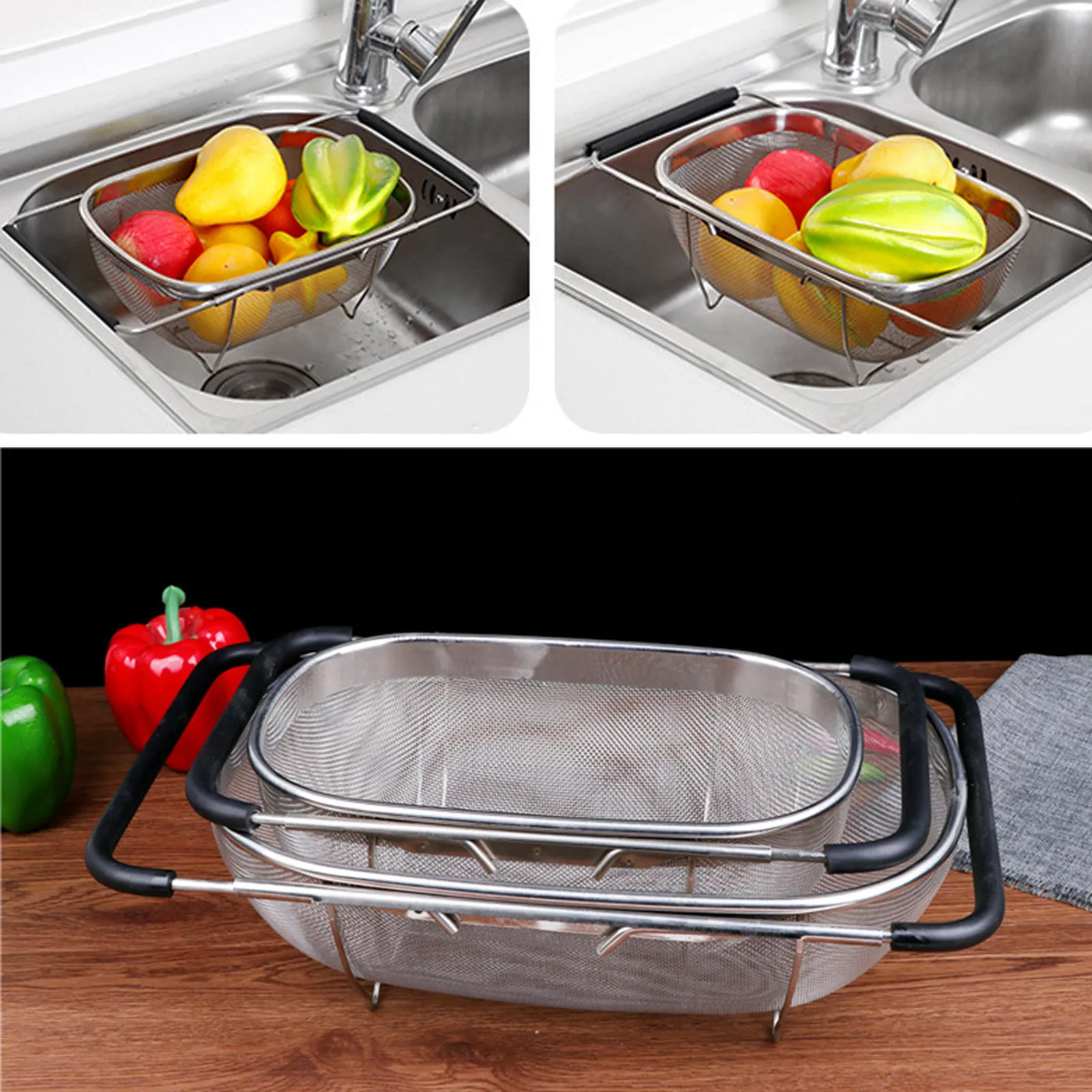 Kitchen Supply Colander Drain Over The Sink Deep Well Oval Stainless Steel Colander Fine Mesh Extendable Handle Foldable Storage AliExpress