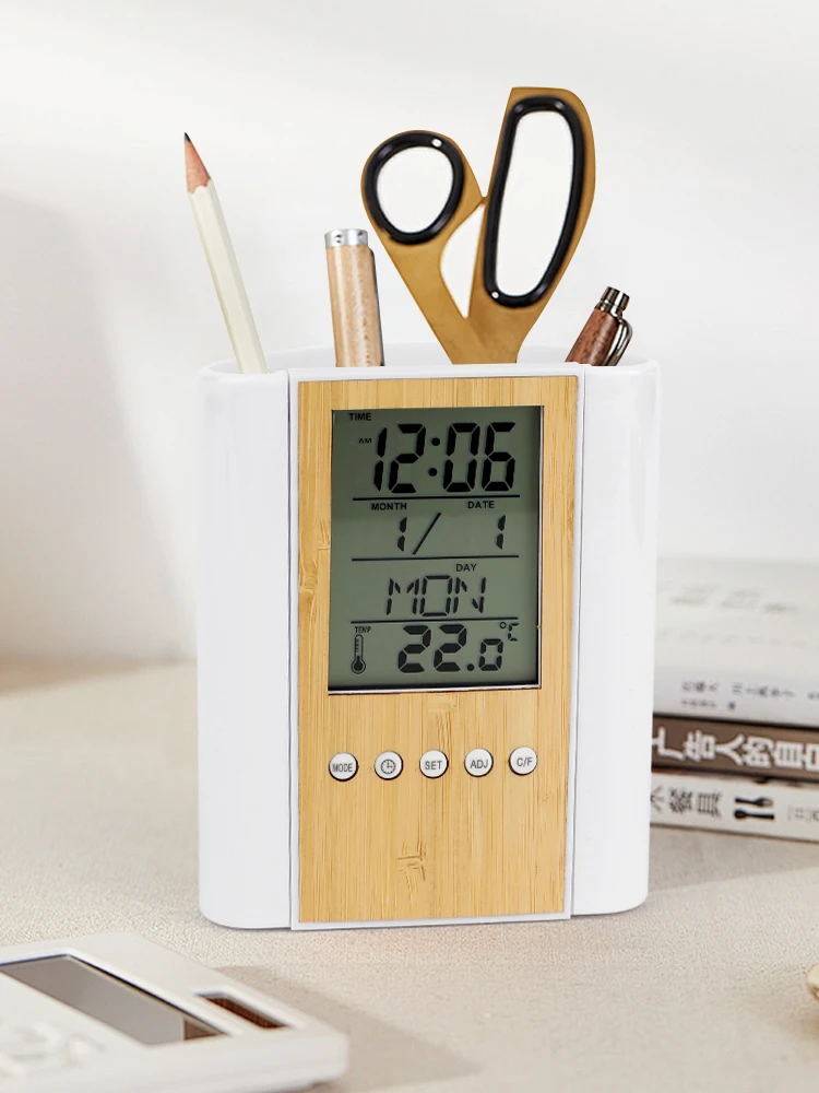Clock Pen Holder Date Time Display Temperature Detection Ornaments Desktop Storage Decorative Perpetual Calendar Pen Holder 6
