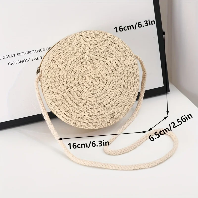 Handcrafted Charm Chic Round Woven Crossbody Bag for Women Handmade Straw Shoulder Purse, Perfect for Beach Vacations Beach Bag