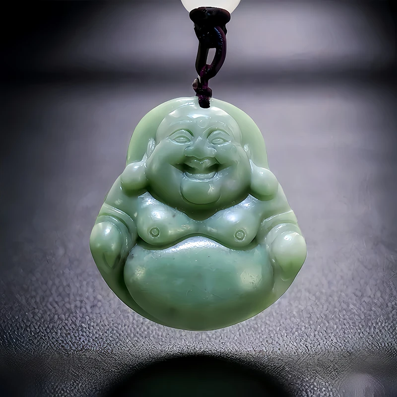 

Зеленый натуральный нефрит Maitreya Будда Кулон ожерелье камень аксессуары Талисманы китайские драгоценные камни резные ювелирные изделия Роскошные