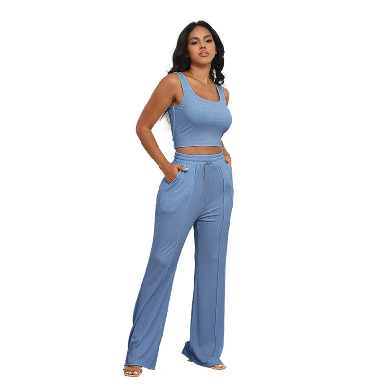 Summer New Women's Thread Knit Sleeveless Crop Top High Waist Wide Leg Pants Suit Fashion Casual Sexy Women's Two-piece Suit
