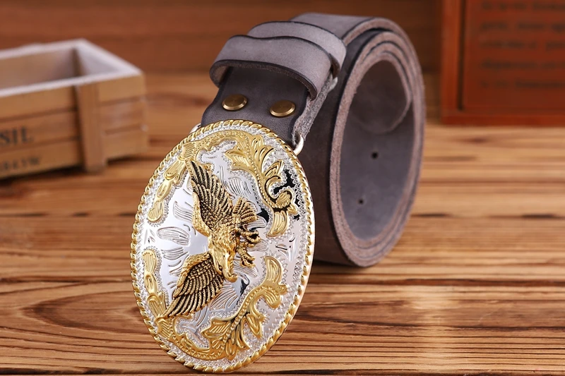 gold eagle big buckle full grain real leather 100% genuine leather hawk mens belts luxury high quality camel brown cowboys women