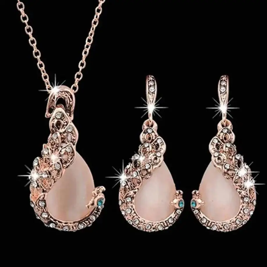 Korean Version New Oval Gemstone Necklace With Full Diamond Earrings Necklace Set