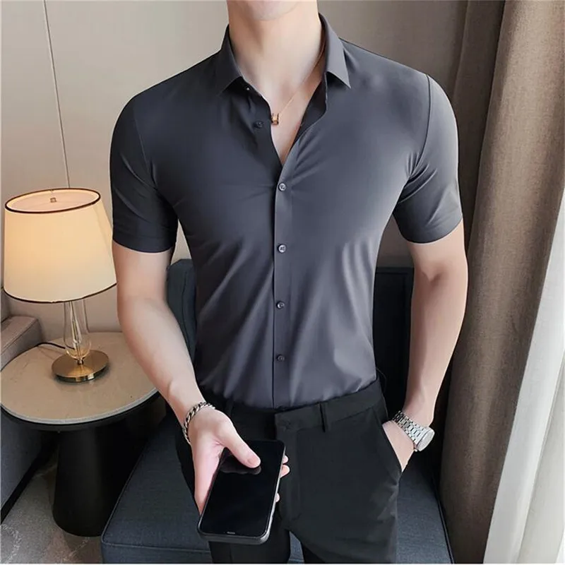 Casual Short Sleeved Shirt Short Sleeved Shirt 6colors Solid High Elasticity Seamless Short Sleeve Shirts Men Slim Social Casual Business Formal Dress Shirt
