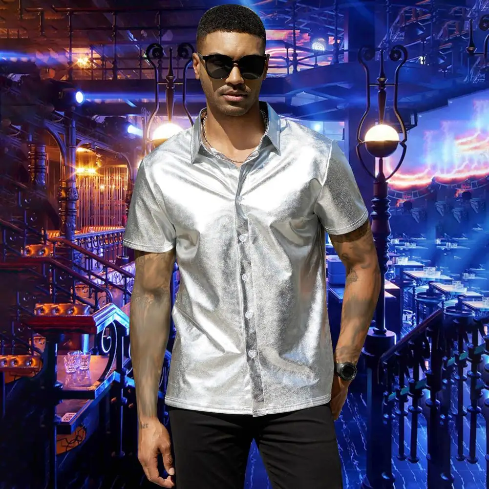 

Button-up Shirt Men's Glossy Surface Party Shirt with Turn-down Collar Short Sleeves Loose Fit Solid Color Nightclub for Summer