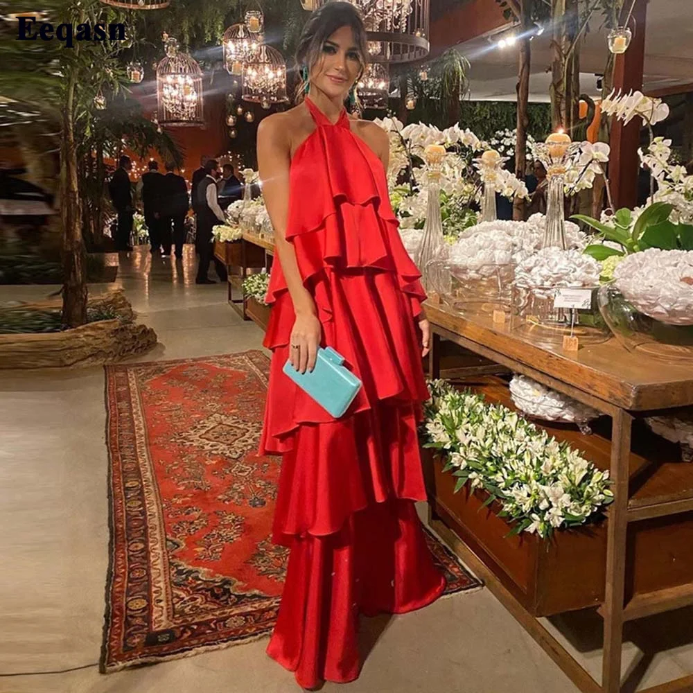 Eeqasn Red Satin Arabic Evening Dresses Tiered Women Long Halter Backless Sexy Special Party Gowns Formal Occasion Prom Dress