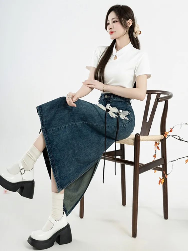 2024 여성용 A라인 데님 스커트, 빈티지 90 년대 미적인 Y2k 롱 카우보이 스커트, 하라주쿠 한국 이모 진 스커트, 2000 년대 의류