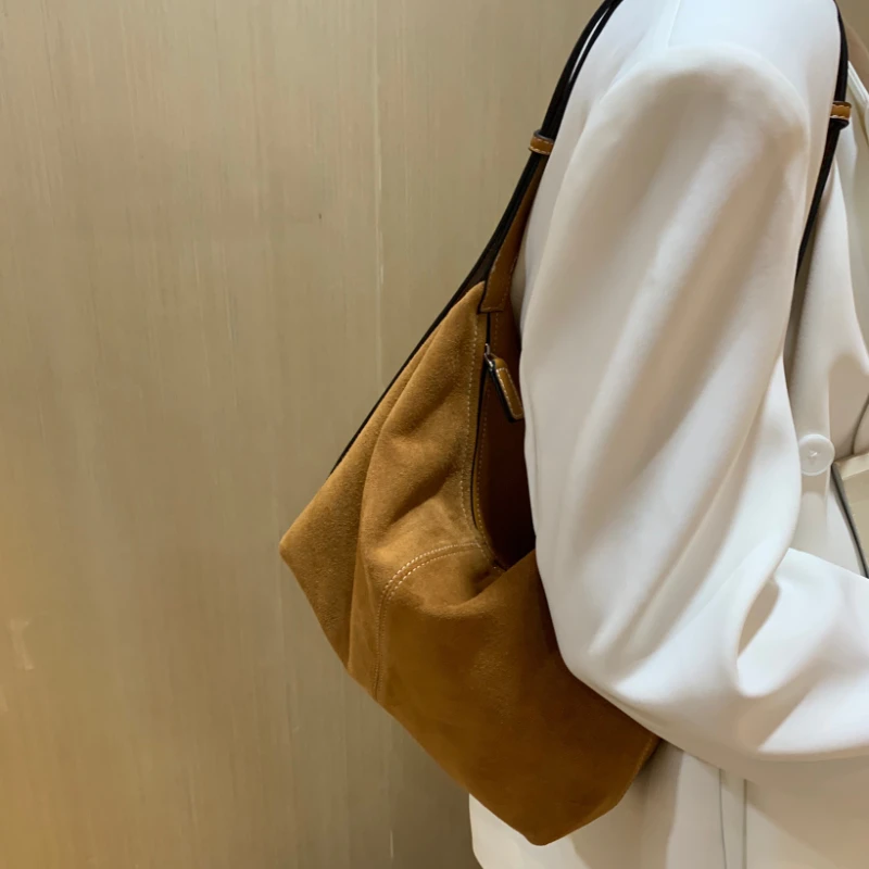 2023 Vintage Suede Underarm Bag for Women\'s Daily Commuting Ladies Large Capacity Genuine Leather Tote Bag Women\'s Shoulder Bag