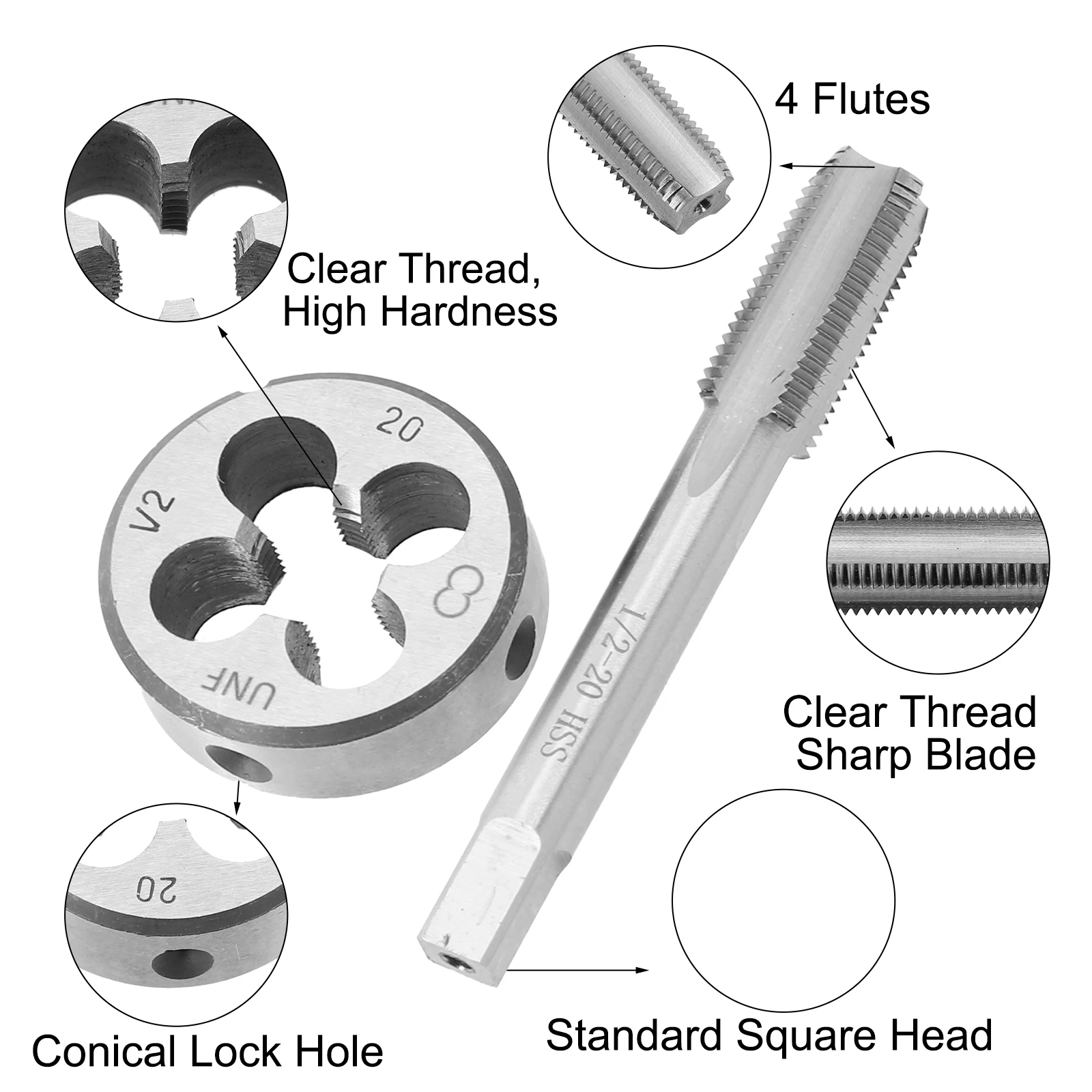 

UNF Die Kit 1/2-20 UNF Tap Workshop High Speed Steel Model 1/2-20 UNF Replacement Right Hand Round Handle 1Set