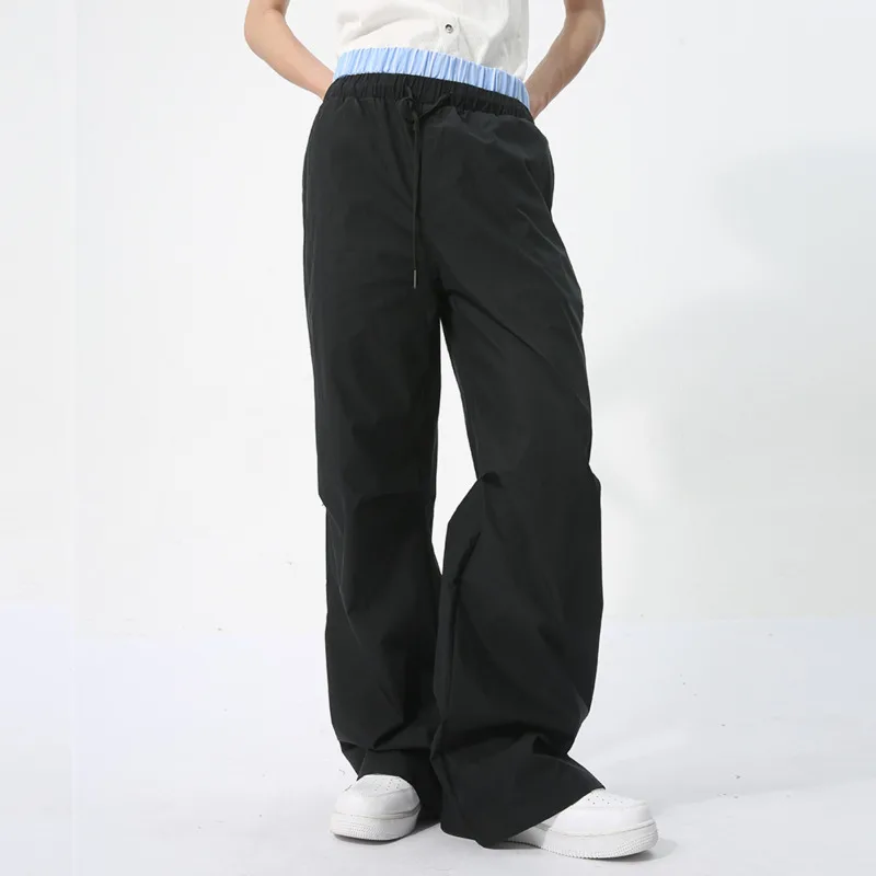 NOYMEI Fashion Niche Design Men Pants Causal Summer Layering Loose All-match Patchwork Contrast Color Drawstring Trousers WA4405