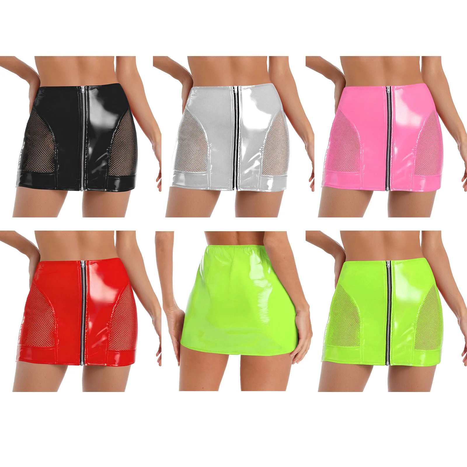Womens Glossy PU Leather Latex Miniskirt Side Sheer Mesh Front Zipper High Waist Wet Look Bodycon Skirt Rave Party Clubwear