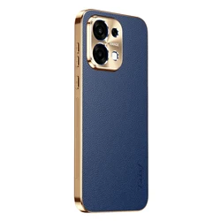 Luxury PU Leather Phone Case with Alloy Lens Frame and Electroplated Shockproof Back Cover for OPPO A6 Pro 5G (Blue)