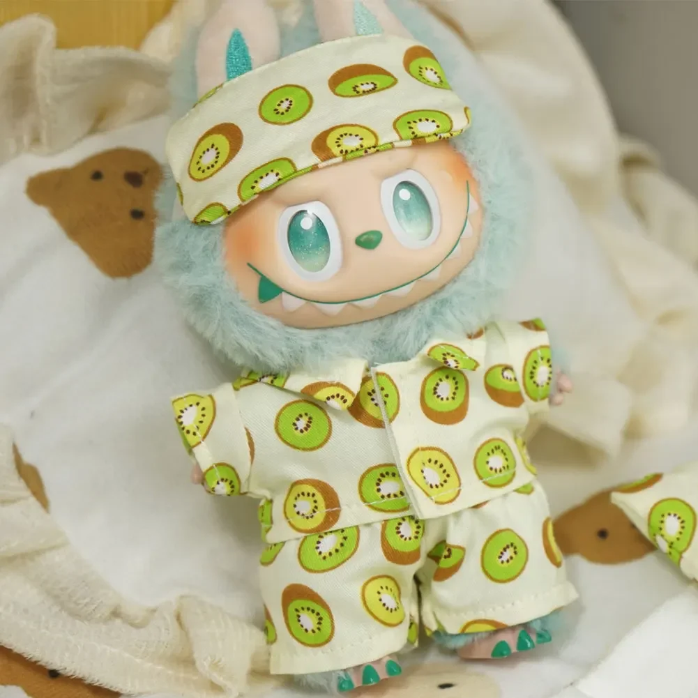 Süßes Minibett für 17 cm große Labubu-Puppen, Schlafsack, Kissen, Schlafzubehör, passender Pyjama mit Fruchtmuster, schöne Kopfbedeckung – Detail 5