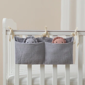 Borsa portaoggetti per culla in cotone 100% Organizzatore multifunzionale per testiera del letto per neonati per bambini Borsa per pannolini per biancheria da letto per bambini