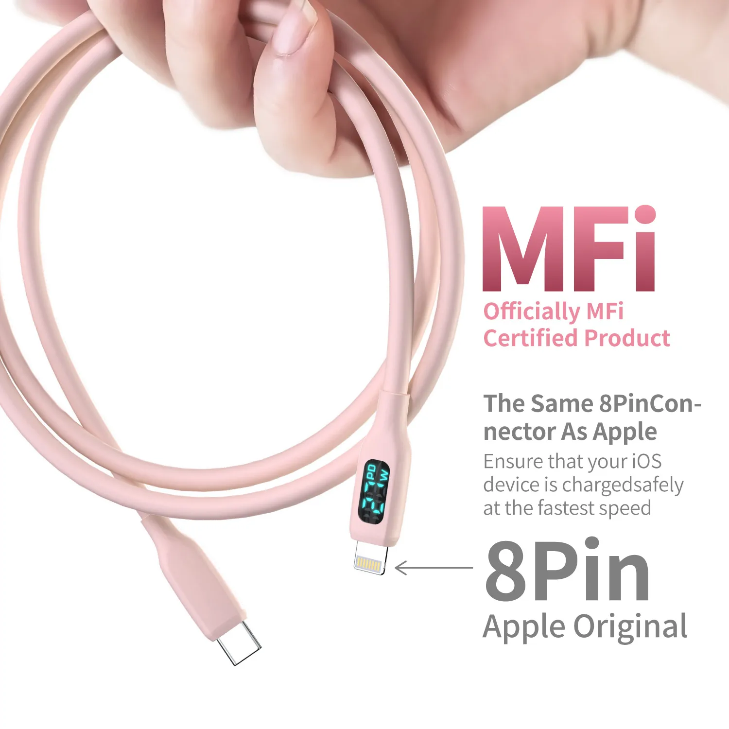 MFi Certified Fast Charging USB C to Lightning Cable with LED Display - Cute Macaron Pink Silicone